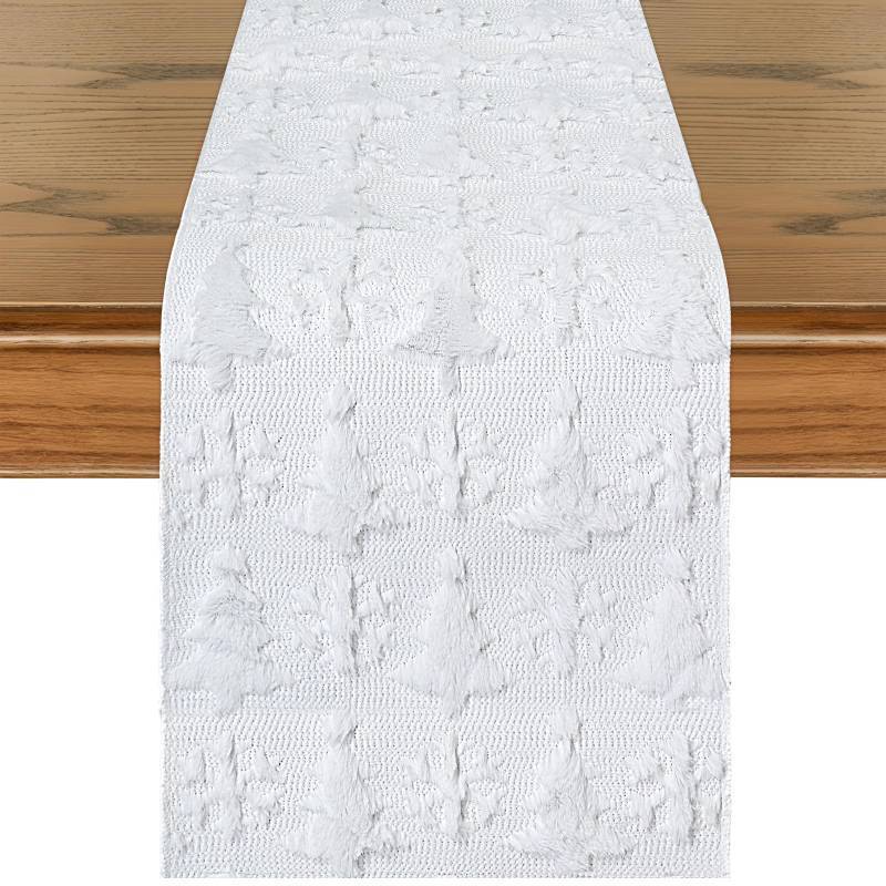 lot 7856 image: 4 Count of Mindsoft 3D Christmas Table Runner White Christmas Tree & Snowflake Soft Plush Faux Fur Jacquard 13 x 72 Inches