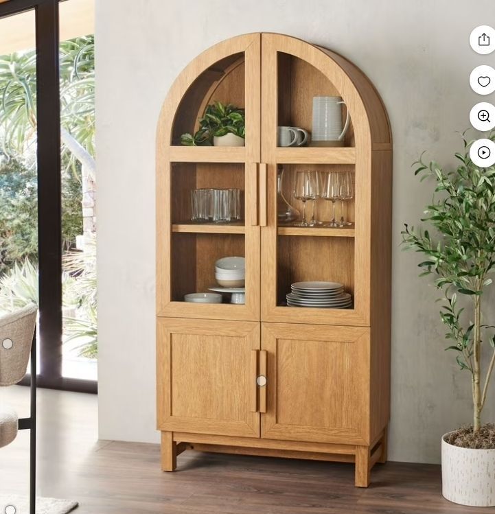 lot 30179 image: Better Homes & Gardens Juliet Kitchen Rounded Arch Cabinet, Light Honey - Retail $348