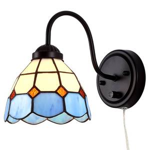 lot 13993 image: Tiffany Bedside Wall Mount Lamp with Dimmable Switch, Industrial Vintage Gooseneck Wall Sconce with Plug in Cord, Sea Blue Stained Glass Shade Wall Light Perfect for Bedroom, Living Room and Hotel