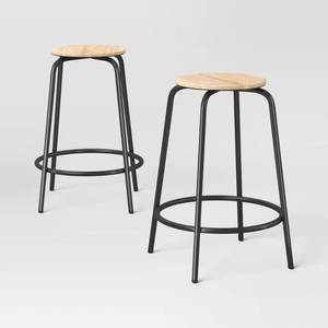 lot 30614 image: Set of 2 24 Wood and Metal Base Backless Counter Height Barstool Stool with Footrest Natural - Room Essentials- Retail $75