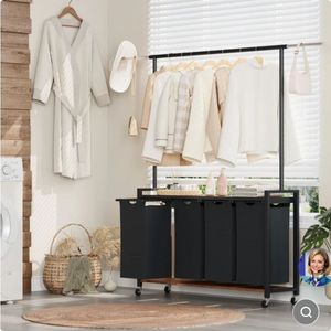 lot 30636 image: Garvee Laundry Sorter Cart with Hanging Rack & Utility Shelf  234-Section Rolling Laundry Hamper with Lockable Wheels  Heavy-Duty Laundry Basket - Retail $150