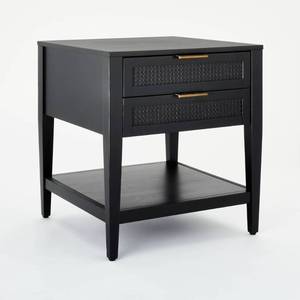 lot 30657 image: East Bluff Wicker & Wood Veneer Square Side Table 2 drawers Black - Threshold  designed with Studio McGee Assembly Required - Retail $250