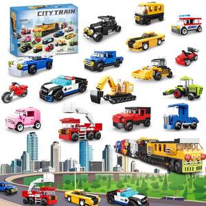 lot 32743 image: 16 Pack Building Blocks Party Favors for Kids, Lego-Compatible 2 in 1 710pcs Building Kits Mini City Vehicles Include Police Car & Train