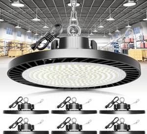 ELEKICO 300W UFO Led High Bay Light| 5000K 45000LM High Bay Led Shop Lights with 5ft Cable Hanging Hook Safe Rope| Shop Light & Garage Lighting Lights for Factory Workshop Warehouse Garage Barn 6 Pack - Retail:  $230