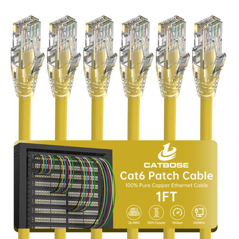 lot 7365 image: 1 Foot Cat6 Patch Cable(6 Pack), Solid Pure Copper Patch Cord, Cat 6 Ethernet Cable, UTP Network, High Speed RJ45 Internet Cable, Compatible for Routers, Switches, PC, Servers, PS45, Xbox - Yellow