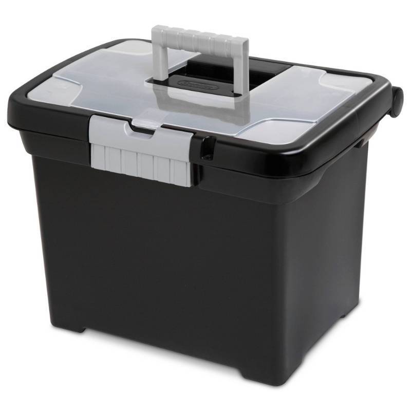 lot 13708 image: Sterilite Medium Letter File Box Black Plastic File Organizer with Handle & Clear Cover, 8.5x11 Inch Storage Bin