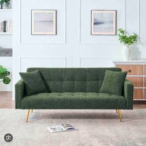 lot 30690 image: Green Fabric Sofa with Wooden Legs (Broken Arm) - Retail $280