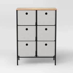 lot 30704 image: Fabric 6 Bin Tall Vertical Dresser Black Frame - Room Essentials  (Assembly Required) - Retail $85