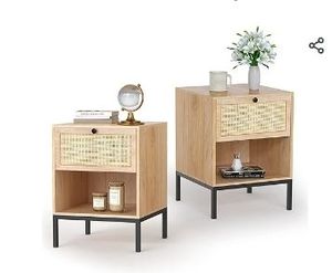 lot 30709 image: Yechen Set of 2 Rattan Nightstands with Drawer & Open Shelf, Boho Bedside Table with Natural Cane, Wood End Table with Metal Legs for Bedroom, Small Spaces, Natural Oak - Retail $80