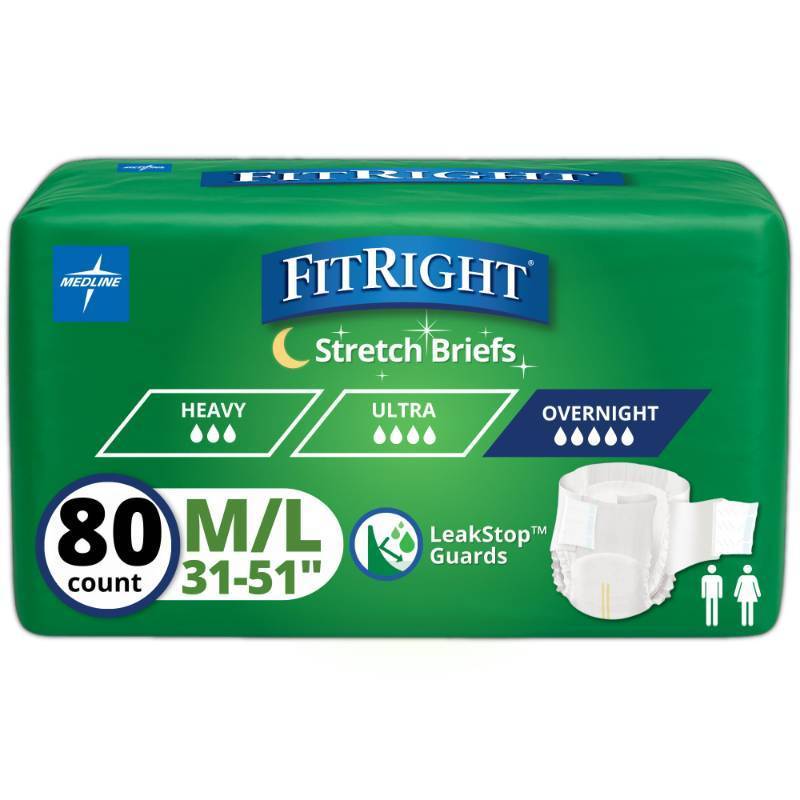 lot 2798 image: FitRight Extended Wear Stretch Briefs, Overnight Adult Diapers with Tabs, Size 1 (Case of 80) - Retail $80