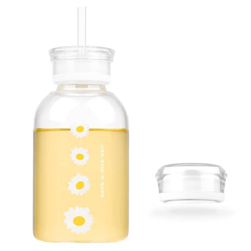 lot 10520 image: 16oz Cute Matte Glass Water Bottle with Straw-Clear with Sunflowers