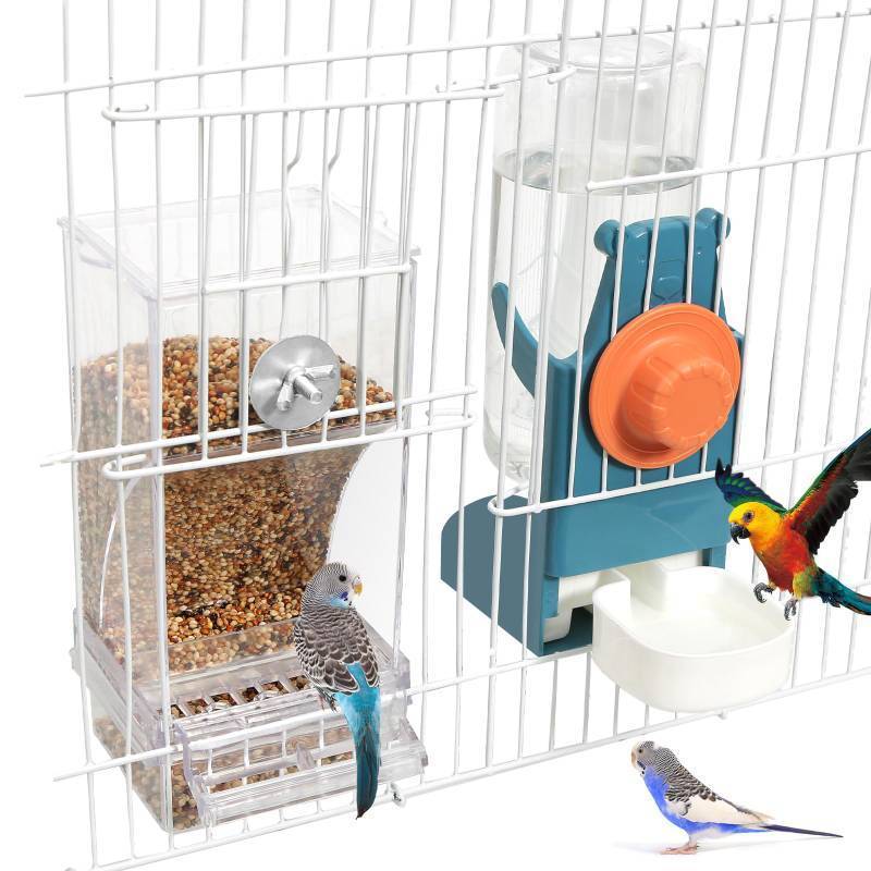 lot 7312 image: No Mess Bird Feeder Water Dispenser Set, Automatic Parrot Feeder Drinker Cage Accessories, for Parakeets, Cockatiels, Budgies, Macaws, Lovebirds, Canaries - Cage MountedExternal Hanging (Blue)