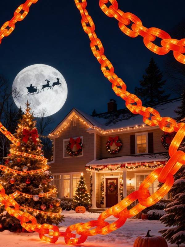 lot 7318 image: Christmas Decorations Orange Chain Lights, 10FT 160 LEDs Battery Operated Plastic Chain String Lights with 8 Modes & Timer