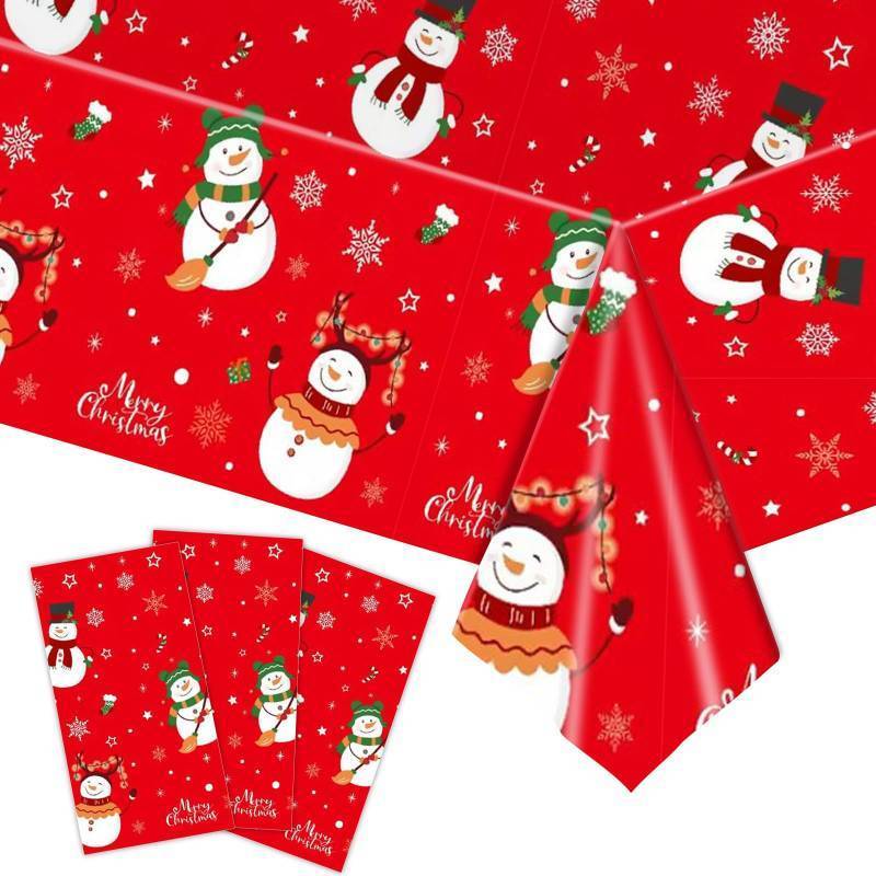 lot 31016 image: 3 Pcs Christmas Tablecloth, Snowman Christmas Table Cover, Disposable Plastic Rectangle Xmas Snowman