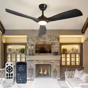BvenuBigLite Outdoor Ceiling Fan with Light: 52 Inch 3 Blade Outdoor Fans for Patios - Modern Black Ceiling Fan with Dimmable Light Remote APP Control Ultra Quiet Reversible DC Motor Timer - Retail: $130