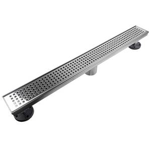 lot 15453 image: Neodrain Chrome 24-Inch Linear Shower Drain with Removable Quadrato Pattern Grate, Polished 304 Stainless Steel Rectangular Shower Floor Drain,with Leveling Feet, Hair Strainer - Retail $57