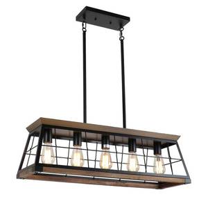 lot 15458 image: Eumyviv Rustic Farmhouse Rectangle Chandelier Light Fixture, 5-Light Trapezoid Metal Wood Pendant Lighting with Adjustable Hanging Rods for Pool Table Kitchen Island Dining Room C0107 - Retail $150