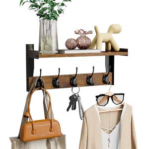 lot 15459 image: FNBAR Wall Hooks with Shelf, Wood Coat Rack with Shelf Wall-Mounted, Entryway Hanging Shelves with 5 Metal Hooks for Clothes Hats Towel Purse Robes, Bathroom Mudroom Bedroom, Rustic Brown