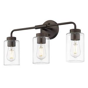 lot 15466 image: zeyu 3-Light Farmhouse Bathroom Light Fixtures, 22 Inch Bathroom Vanity Light with Clear Glass Shade, Oil Rubbed Bronze Finish, ZS62B-3W ORB - Retail $60