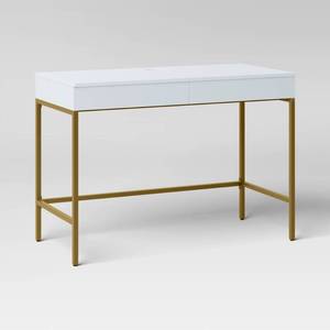 lot 30720 image: Loring Wood Writing Desk with Drawers and Charging Station WhiteGold - Threshold Home Office, USB Port (MISSING SCREWS and Manual) - Retail $160