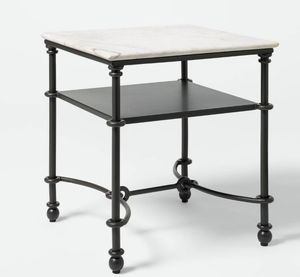 lot 30727 image: Metal and Marble Side Table with Shelf White Carrara MarbleDark Bronze - Threshold  designed with Studio McGee Assembly Required - Retail $127