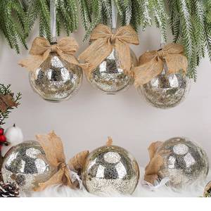 lot 33080 image: 6 Sets Christmas Large Mercury Glass Ornaments with Jute Bow Antique Silver Finish Glass Ball Vintage Xmas Hanging Ball Ornament for Xmas Tree Winter Wedding Holiday Centerpiece(4 Inch)
