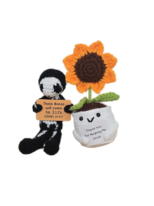 lot 34020 image: Handmade Crochet Skeleton and Sunflower Set with Biblical Message
