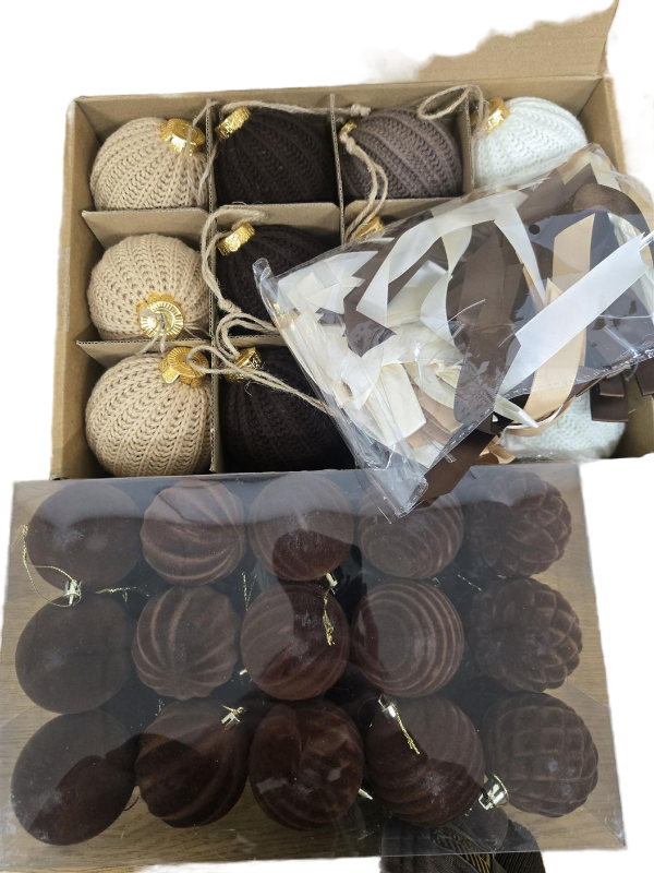 lot 10034 image: Knitted Christmas Ornament Set, Velvet Ornament Set, and Ribbons