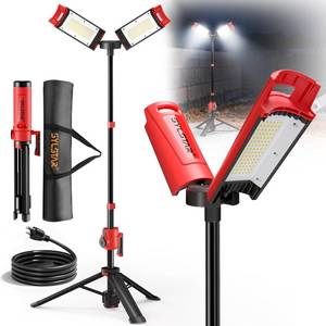 SYLSTAR Hybrid Powered LED Work Light with Tripod, 12000 Lumens Corded & Rechargeable Battery Work Light, 7.4ft Aluminum Telescopic Stand, 3 Brightness Levels, IP65, Dual Head, Portable Job Site Light - Retail: $160
