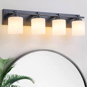lot 15481 image: BrkNit 4 Light Modern Bathroom Light Fixtures Over Mirror, Black Vanity Lights for Bathroom Wall Sconces with Milky White Glass Shades, E26 Socket (Bulbs Not Included) - Retail $110