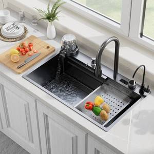 29.5 Inch Waterfall Kitchen Sink with Faucet, Black Stainless Steel Workstation Sink Combo with Cup Washer, Digital Display, Cutting Board and Drain Set, Single Bowl Drop In Kitchen Sink - Retail: $200
