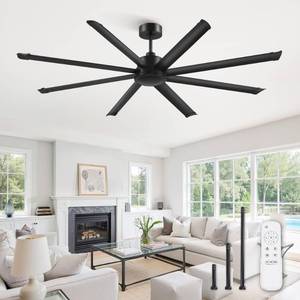 lot 15486 image: ZMISHIBO 84 Inch Large Ceiling Fan No Light, 8 Aluminum Blades, 6-Speed Remote Control, Industrial Ceiling Fan without Light, Quiet DC Motor, IndoorOutdoor Ceiling Fans for Patio, Garage, Shop, Black (Controller doesnt work)