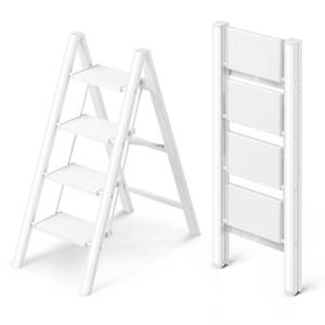 lot 15488 image: GameGem 4 Step Ladder, Folding Step Stool with Wider Pedal, Anti-Slip Feet & Non Slip Stripes, Aluminum Sturdy Material, 300Lbs Capacity, Elegant Look of Modern White Better Matches Your Home - Retail $86