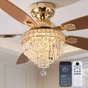 lot 15495 image: Fanyank Crystal Ceiling Fan Fandelier with Lights-Ceiling Fans with Lights,54 Low Profile and Remote Control, Flush Mount, Reversible, Dimmable, Noiseless,Gold Ceiling Fan for Bedroom - Retail $190