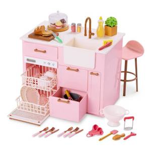 lot 15501 image: Our Generation Kitchen Island with Accessories for 18 Dolls Includes Play Food, Metal & Plastic Materials, 34 Pieces - Retail $60