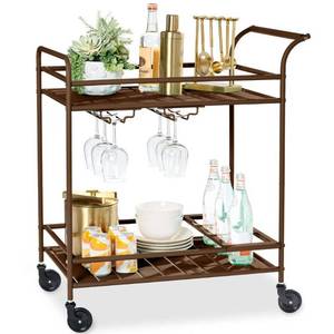 lot 30752 image: 2-Tier Brown OutdoorIndoor Metal Bar Serving Cart with Storage Shelves and Lockable Wheels - Retail $100