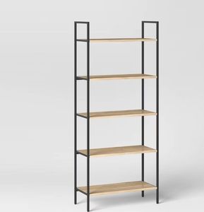 lot 30784 image: 72 Loring 5 Shelf Ladder Bookshelf Vintage Oak - Threshold Metal Frame, Open Back Design - Retail $150
