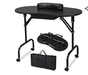 lot 30809 image: Yaheetech 37-inch Portable & Foldable Manicure Table Nail Desk Workstation with Large DrawerClient Wrist PadControllable WheelsCarrying Case for Spa Beauty Salon Black - Retail $86