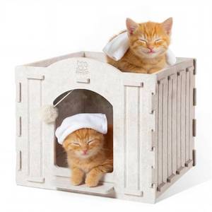 lot 33112 image: Apasiri Cat House Scratch-Resistant Indoor Warm Enclosed Felt Bed Cave with Hanging Ball Toy, No-Tool Assembly Hideaway for Anxious Cats & Kittens, 13.4x13.4x9.85 Inch Interior