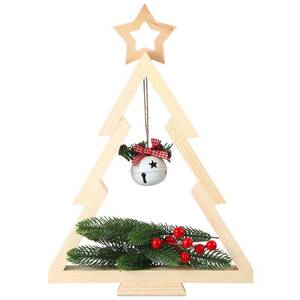 lot 33117 image: Christmas Tree Jingle Bell Wooden Table Decorations Christmas Tree Centerpiece Block Wood Tabletop Sign Pronged Pine Sprays Red Berry Stems