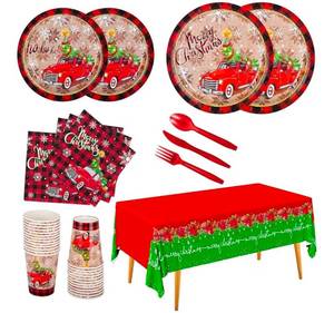 lot 34106 image: Christmas Party Supplies Disposable Paper Plates Napkins Cups Knives Spoons Forks Tablecloth for Merry Christmas Party Decorations Serve 25