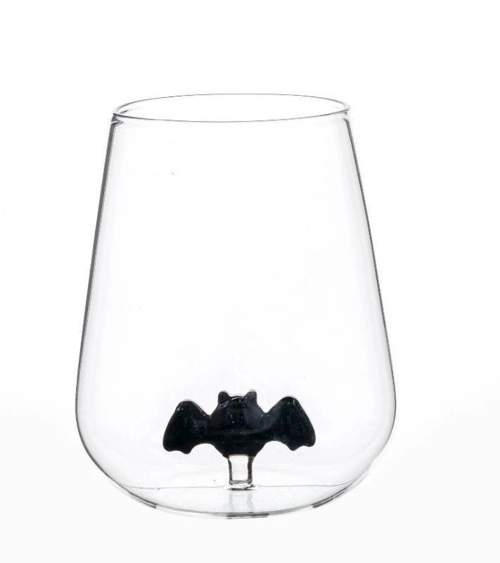lot 10529 image: Way to Celebrate Halloween Stemless Wine Glass with Bat, Set of 2
