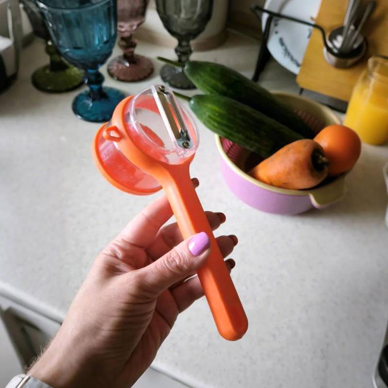 lot 31116 image: Orange Vegetable Peeler with Catcher, Double-Sided Stainless Steel Fruit Peeler, Citrus Carrot Potato Peeler Kitchen Essentials for Home 2 Pcs