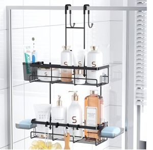 lot 15524 image: Over The Door Shower Caddy Hanging Stainless Steel Bathroom Organizer, No Drilling Shower Shelves with 2 Soap Holder, 1 Brush Holder, 4 Hooks - Chrome