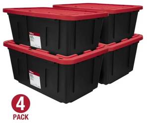 lot 15556 image: Hyper Tough 27 Gallon Large Storage Bin with Snap Lid, Black and Red, Heavy Duty Plastic Storage Container (4-Pack)
