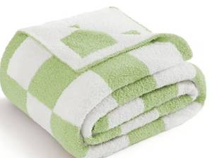 lot 15563 image: Whale Flotilla Checkered Knit Twin Size Blanket for Bed, Soft Fluffy and Cozy, 60x80, Light Green