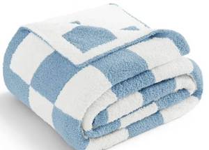 lot 15564 image: Whale Flotilla Checkered Knit Twin Size Blanket for Bed, Soft Fluffy and Cozy, 60x80, Light Blue