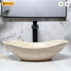 Oval Travertine Vessel Sink - Handmade Natural Stone Bathroom Basin - Polished Finish - Luxury Spa Bathroom - Includes Matching Soap Tray - Retail: $299
