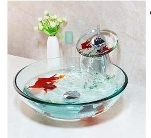 lot 30851 image: Clear Bathroom Sink Hand Painting Gold Fish Tempered Glass Vessel Sink Basin with Waterfall Faucet and Drain Combo,16 Round Glass Bowl Sink Above Counter Clear Bathroom Vessel Sink Set - Retail $120