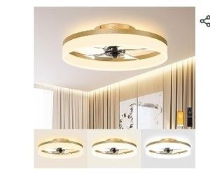 lot 30858 image: VOLISUN Low Profile Ceiling Fans with Lights and Remote,15.7in Modern Ceiling Fan Flush Mount, 3000K-6500K Dimmable Bladeless LED Fan Light,Gold Fandelier Ceiling Fans with Lights for Bedroom - Retail $90